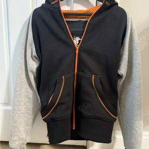 Women’s Speed and Strength armored hoodie. Black, Gray and Orange Hoodie.
